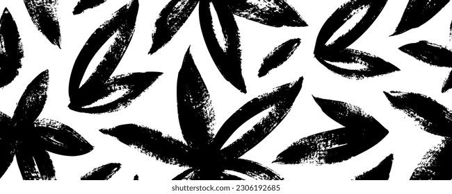 Patrón sin foco con hojas de cannabis. Hojas de marihuana dibujadas en brocha, patrón de cáñamo sin fisuras. Fondo de cannabis vectorial. Ornamento orgánico natural con ramas negras, elementos botánicos.