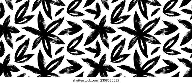 Seamless pattern with cannabis leaves. Brush drawn marijuana leaves, hemp motif seamless pattern. Vector cannabis background. Natural organic ornament with black branches, botanical elements.