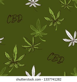 Seamless pattern with cannabis leaves and CBD text. Vector illustration on green background in watercolor style. Cannabis or marijuana in medical use.
