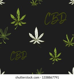 Seamless pattern with cannabis leaves and CBD text. Vector illustration on black background in watercolor style. Cannabis or marijuana in medical use.