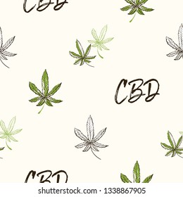 Seamless pattern with cannabis leaves and CBD text. Vector illustration on white background in watercolor style. Cannabis or marijuana in medical use.