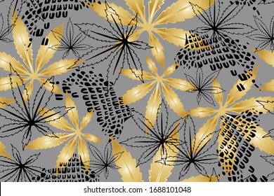 Seamless pattern with Cannabis leaves and crocodile skin pattern. Hemp leaves outline. Hand drawn vector illustration