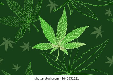 Seamless pattern of cannabis leaves. Pattern of green marijuana leaf.
