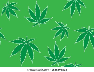 Patrón transparente con hojas de cannabis. ilustración vectorial de color verde aislada en papel pintado blanco. Excelente para materiales de fondo, tejidos, papel de embalaje, embalaje 