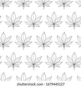 Seamless pattern of cannabis leaves. Hand drawn marijuana leaf vector seamless background. Black and white vector illustration.