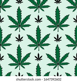 Patrón transparente con hojas de cannabis. Cáñamo dibujado a mano. Ilustración vectorial de color.
