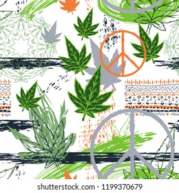 Seamless pattern with cannabis leaves, hippie peace symbol, ethnic ornament and grunge brush strokes. Abstract background in patchwork style. Vector illustration 