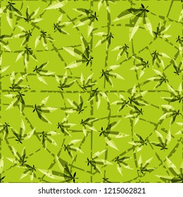 Seamless pattern. Cannabis leaves on a curved mesh background. Editable.