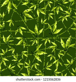Seamless pattern. Cannabis leaves on a curved mesh background. Editable.