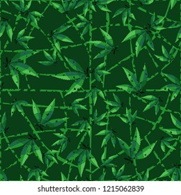 Seamless pattern. Cannabis leaves on a curved mesh background. Editable.