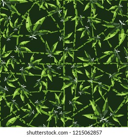 Seamless pattern. Cannabis leaves on a curved mesh background. Editable.