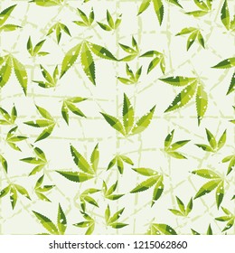 Seamless pattern. Cannabis leaves on a curved mesh background. Editable.