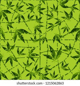 Seamless pattern. Cannabis leaves on a curved mesh background. Editable.