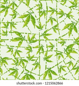 Seamless pattern. Cannabis leaves on a curved mesh background. Editable.