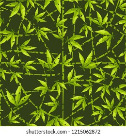 Seamless pattern. Cannabis leaves on a curved mesh background. Editable.