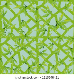 Seamless pattern. Cannabis leaves on the background of the lattice. Editable.