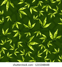 Seamless pattern. Cannabis leaves on the background of the lattice. Editable.