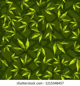 Seamless pattern. Cannabis leaves on the background of the lattice. Editable.