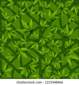Seamless pattern. Cannabis leaves on the background of the lattice. Editable.