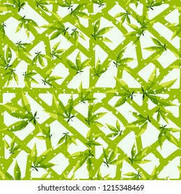 Seamless pattern. Cannabis leaves on the background of the lattice. Editable.