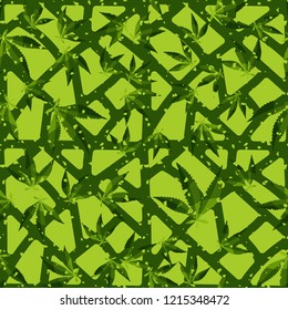 Seamless pattern. Cannabis leaves on the background of the lattice. Editable.