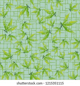 Seamless pattern. Cannabis leaves on the background of small rectangles. Editable.