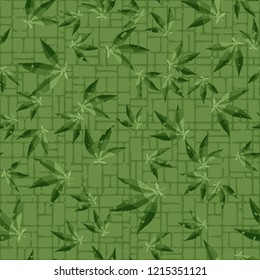 Seamless pattern. Cannabis leaves on the background of small rectangles. Editable.