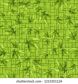 Seamless pattern. Cannabis leaves on the background of small rectangles. Editable.