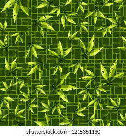 Seamless pattern. Cannabis leaves on the background of small rectangles. Editable.