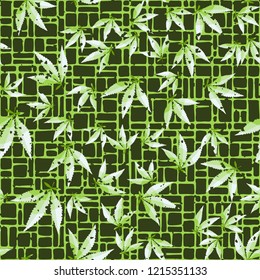 Seamless pattern. Cannabis leaves on the background of small rectangles. Editable.
