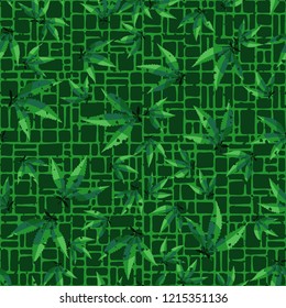 Seamless pattern. Cannabis leaves on the background of small rectangles. Editable.