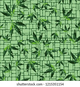 Seamless pattern. Cannabis leaves on the background of small rectangles. Editable.