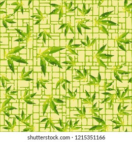 Seamless pattern. Cannabis leaves on the background of small rectangles. Editable.
