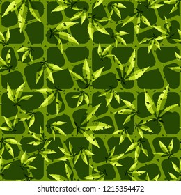 Seamless pattern. Cannabis leaves on the background of oblique crossed out squares. Editable.