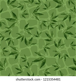 Seamless pattern. Cannabis leaves on the background of oblique crossed out squares. Editable.