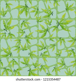 Seamless pattern. Cannabis leaves on the background of oblique crossed out squares. Editable.