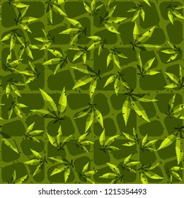 Seamless pattern. Cannabis leaves on the background of oblique crossed out squares. Editable.