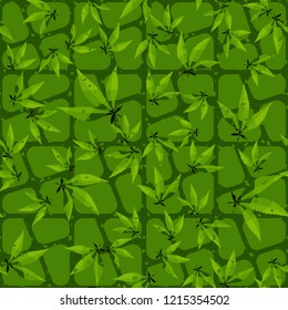 Seamless pattern. Cannabis leaves on the background of oblique crossed out squares. Editable.