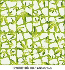Seamless pattern. Cannabis leaves on the background of oblique crossed out squares. Editable.