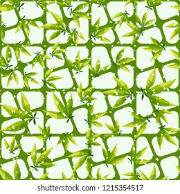 Seamless pattern. Cannabis leaves on the background of oblique crossed out squares. Editable.