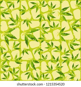 Seamless pattern. Cannabis leaves on the background of oblique crossed out squares. Editable.