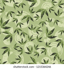 Seamless pattern. Cannabis leaves on a background of circles. Editable.