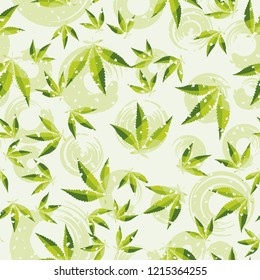 Seamless pattern. Cannabis leaves on a background of circles. Editable.