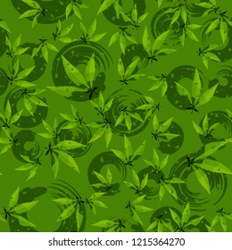 Seamless pattern. Cannabis leaves on a background of circles. Editable.