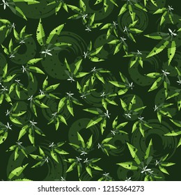 Seamless pattern. Cannabis leaves on a background of circles. Editable.