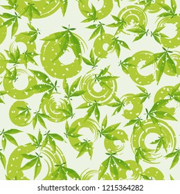 Seamless pattern. Cannabis leaves on a background of circles. Editable.
