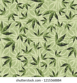 Seamless pattern. Cannabis leaves on symbolic flowers. Editable.