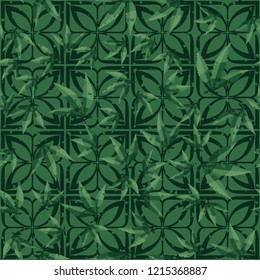 Seamless pattern. Cannabis leaves on symbolic flowers. Editable.