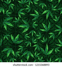 Seamless pattern. Cannabis leaves on symbolic flowers. Editable.