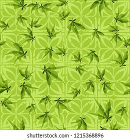 Seamless pattern. Cannabis leaves on symbolic flowers. Editable.
